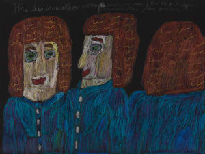 pastel drawing of one figure facing three different ways